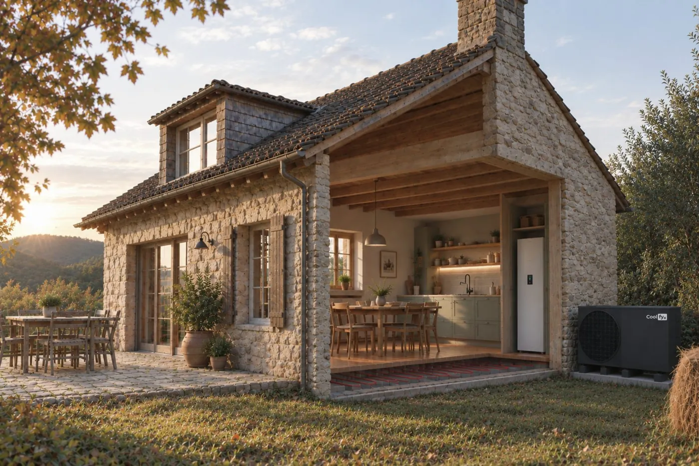 Casa en sección con la unidad exterior de aerotermia, el depósito de agua caliente y la cocina