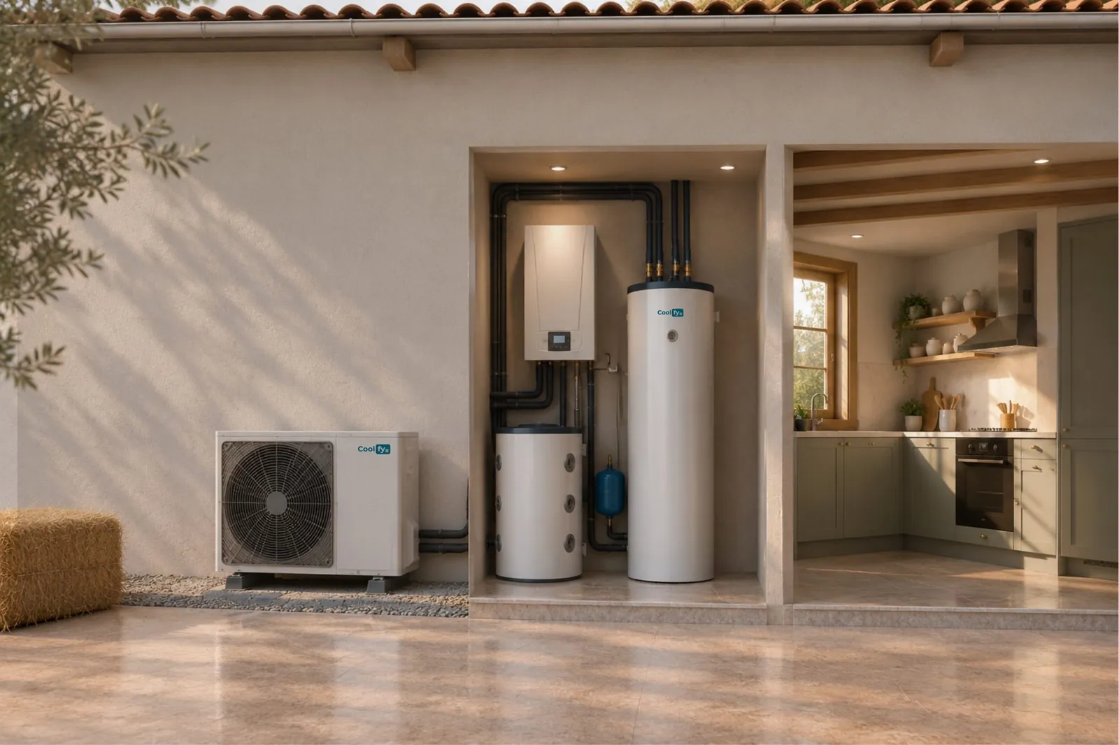 Unidad exterior de aerotermia Coolfy junto a la casa, con el depósito de agua caliente y la cocina