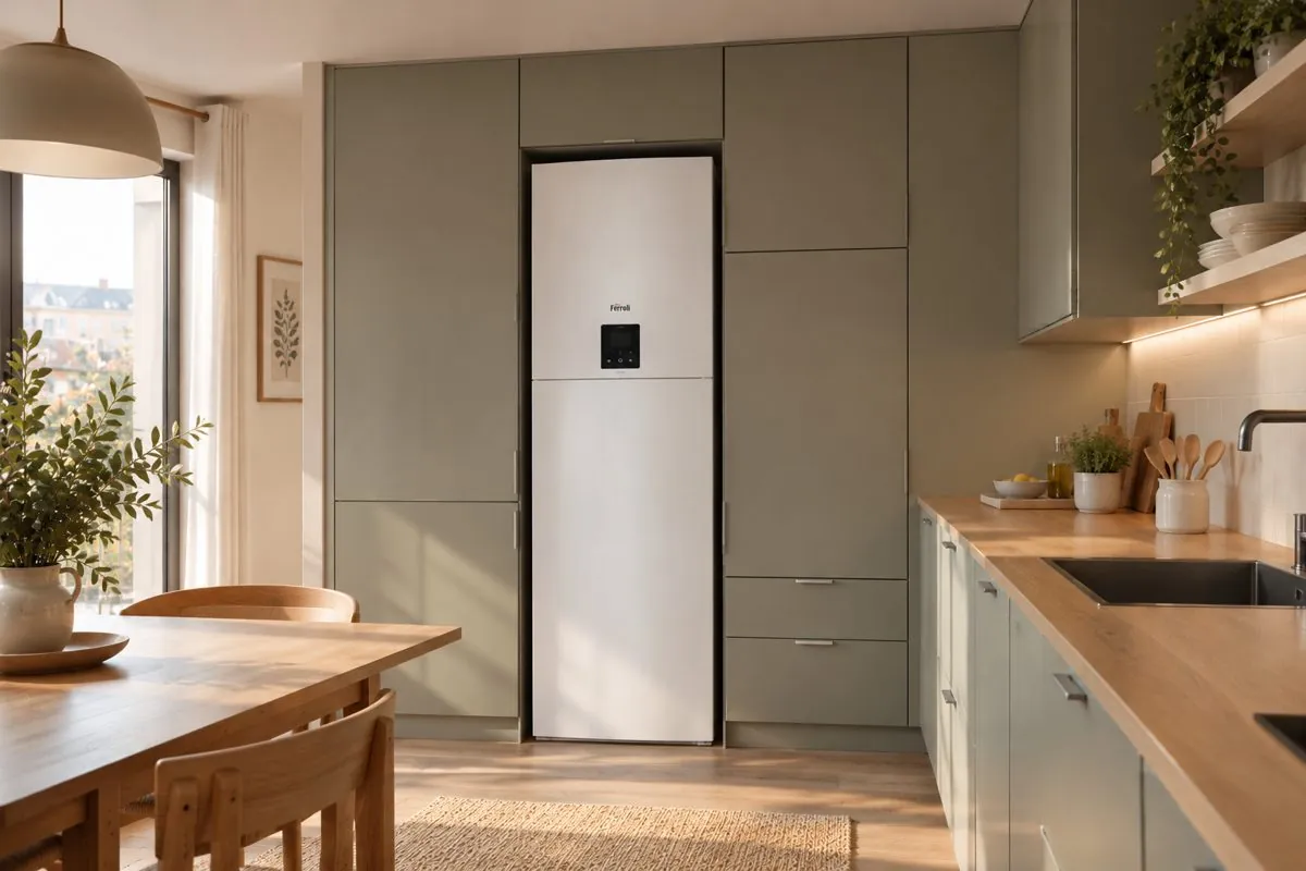 Cocina de un piso con la unidad interior de aerotermia integrada en el mueble